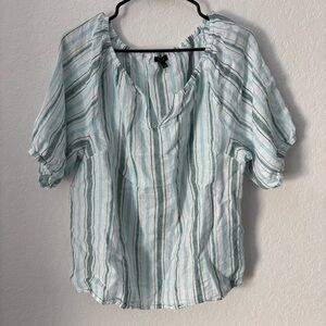 Talbots Striped White and Green Women's Top, 100% Linen, Size Large